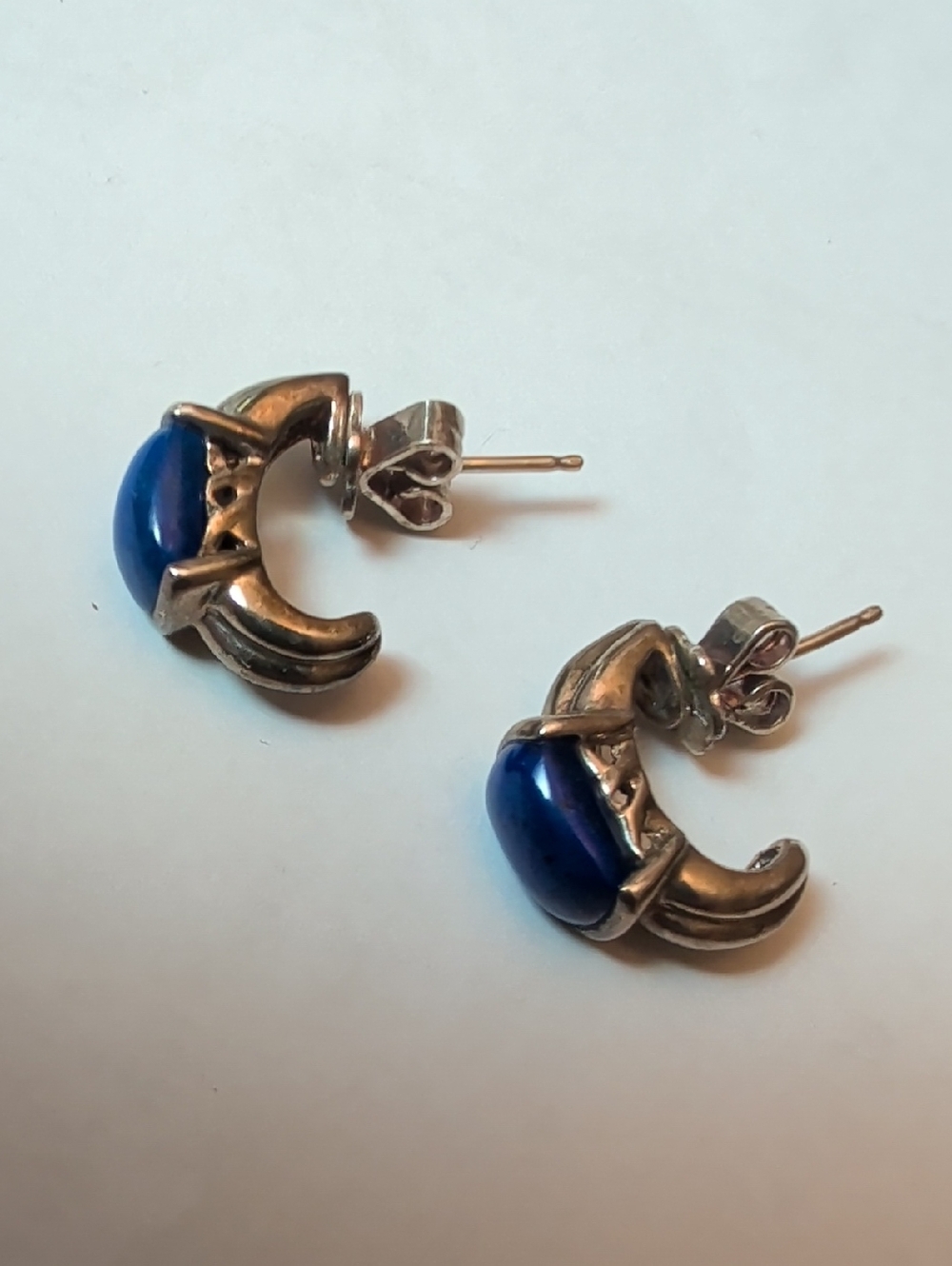 Vintage Sterling Silver Crescent Earrings with Deep Blue Cabochons